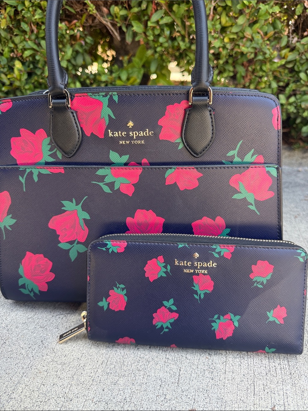kate spade Black satchel with red floral print and wallet